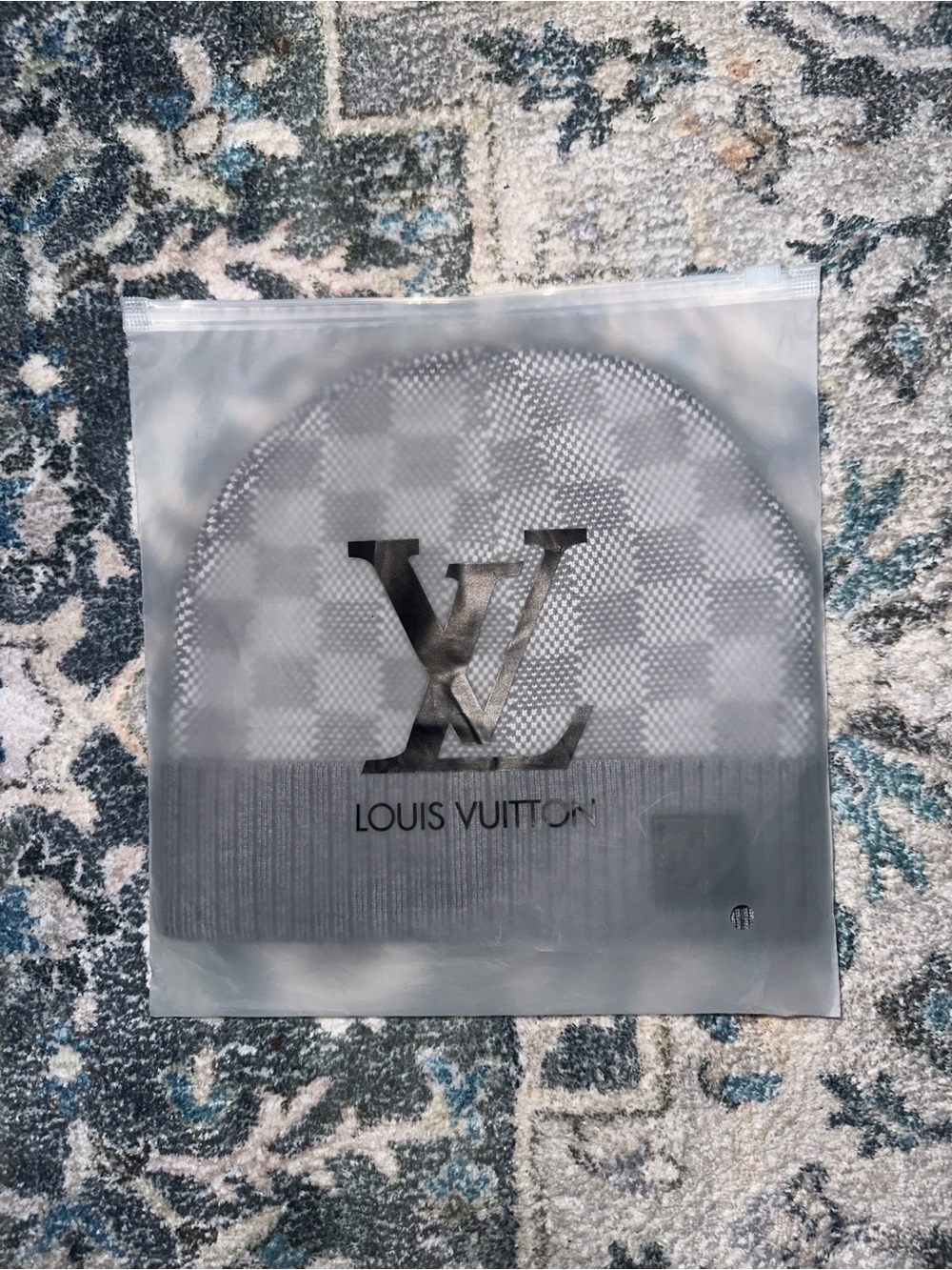 Louis Vuitton Gray Checkered Beanie with Ribbed Cuff